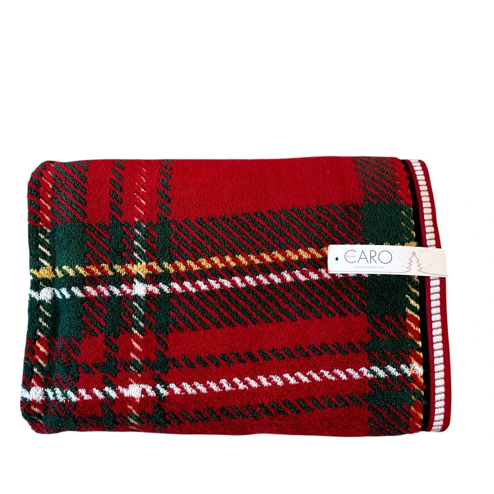 4pc Caro Home Holiday RED TARTAN Cotton 2 Bath 2 Hand Towel Set Christmas NEW
